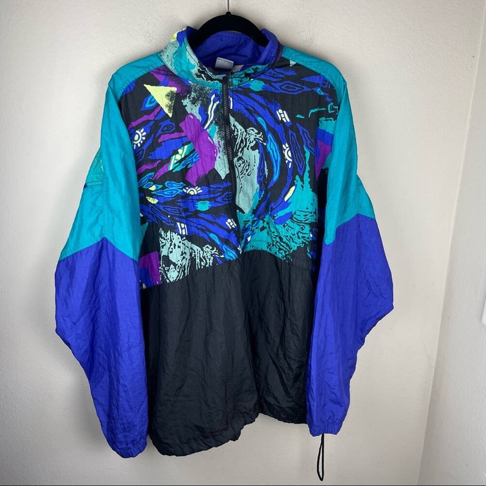 Vintage ASICS Blue Tiger Print Oversized Windbreaker Jacket Womenโs Size XL - Picture 2 of 9